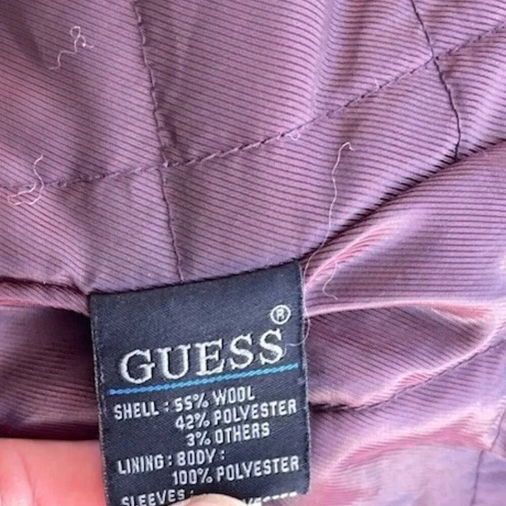 Vintage Guess Men’s Sz L Wool Long Pea Coat Black Full Zip Quilted Lining Hood